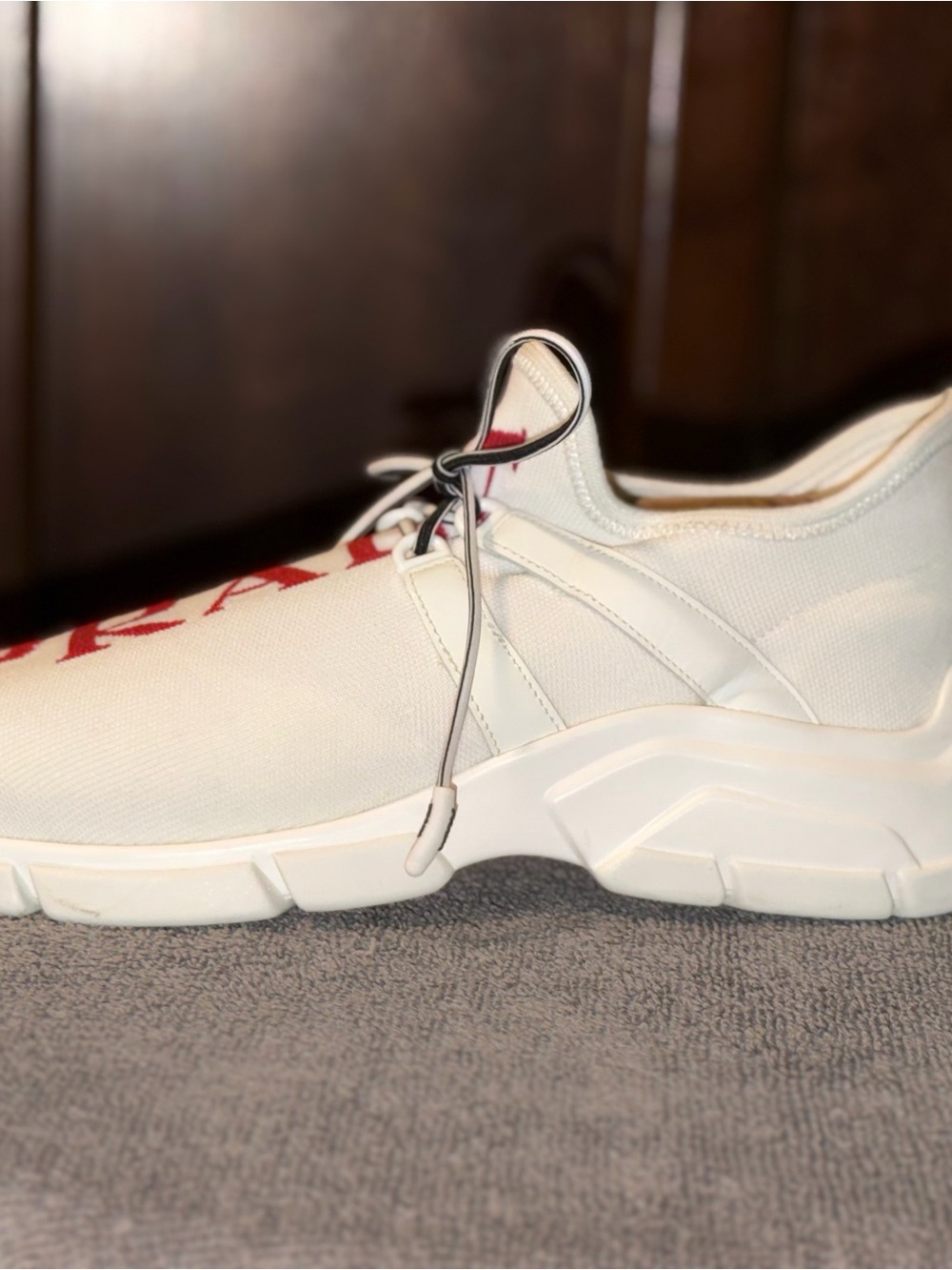 Prada White Knit Sneakers with Red Logo - Picture 5 of 7